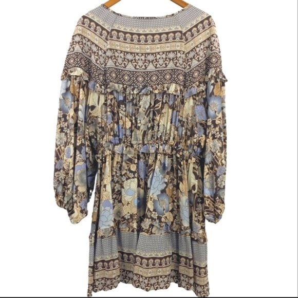 LANCE CADE Boho Ruffle Trim Balloon Sleeved Tie Front Mixed Print Dress Large - Picture 5 of 5